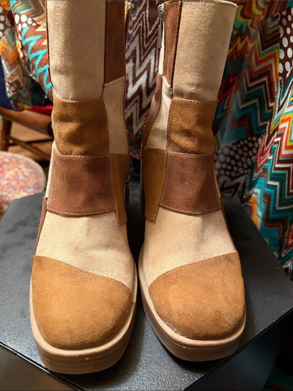 Womens Patchwork SuedeLike Block Heel Ankle Boots - Brown/Tan - Picture 4 of 6